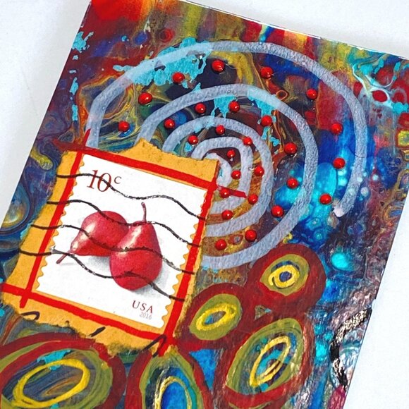 ACEO Original Mixed Media Art 2016 Red Pears US Postage Stamp ATC - Picture 2 of 3